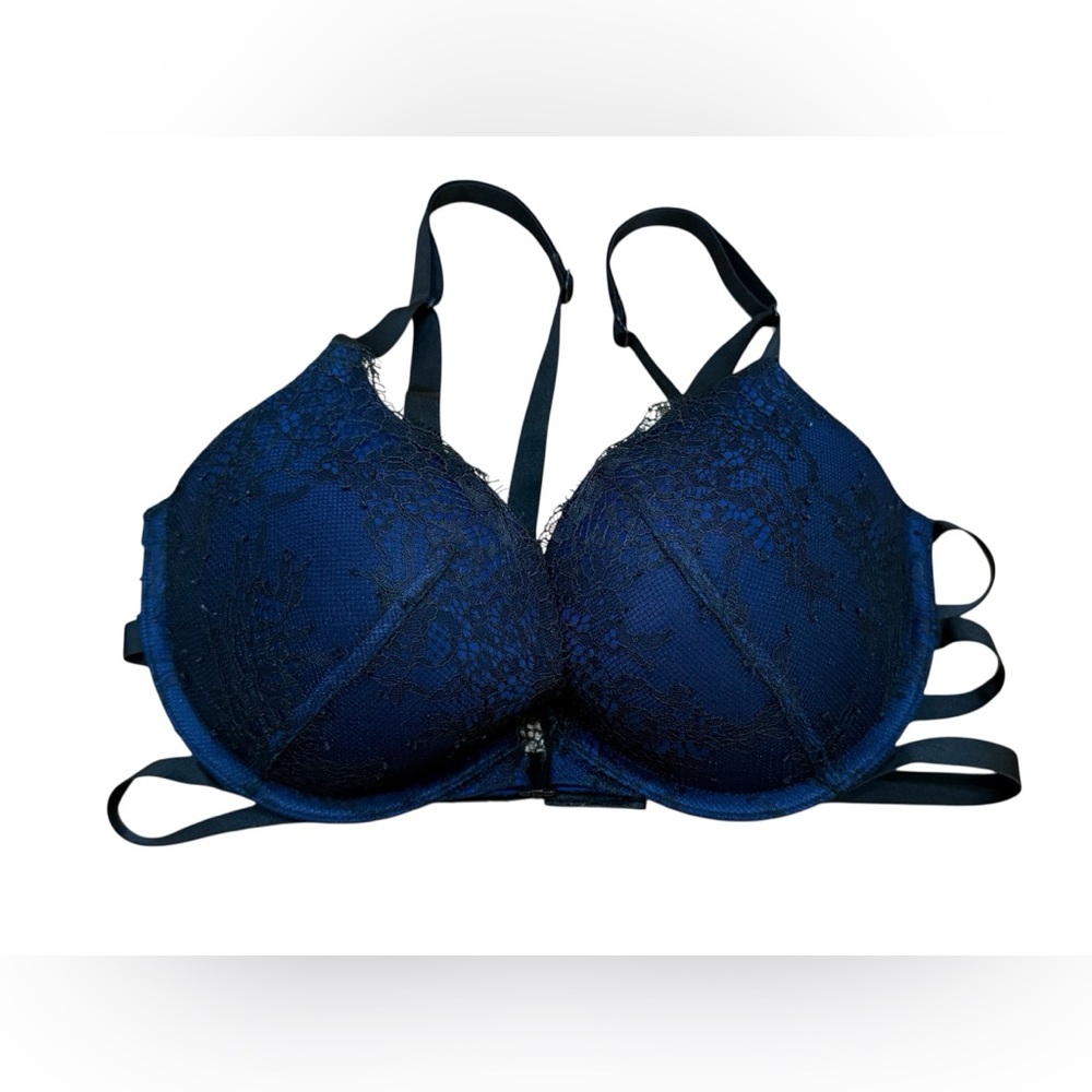 Victorias Secret Push Up Lace Bra Women 32D Blue Black Front Closure Back Straps